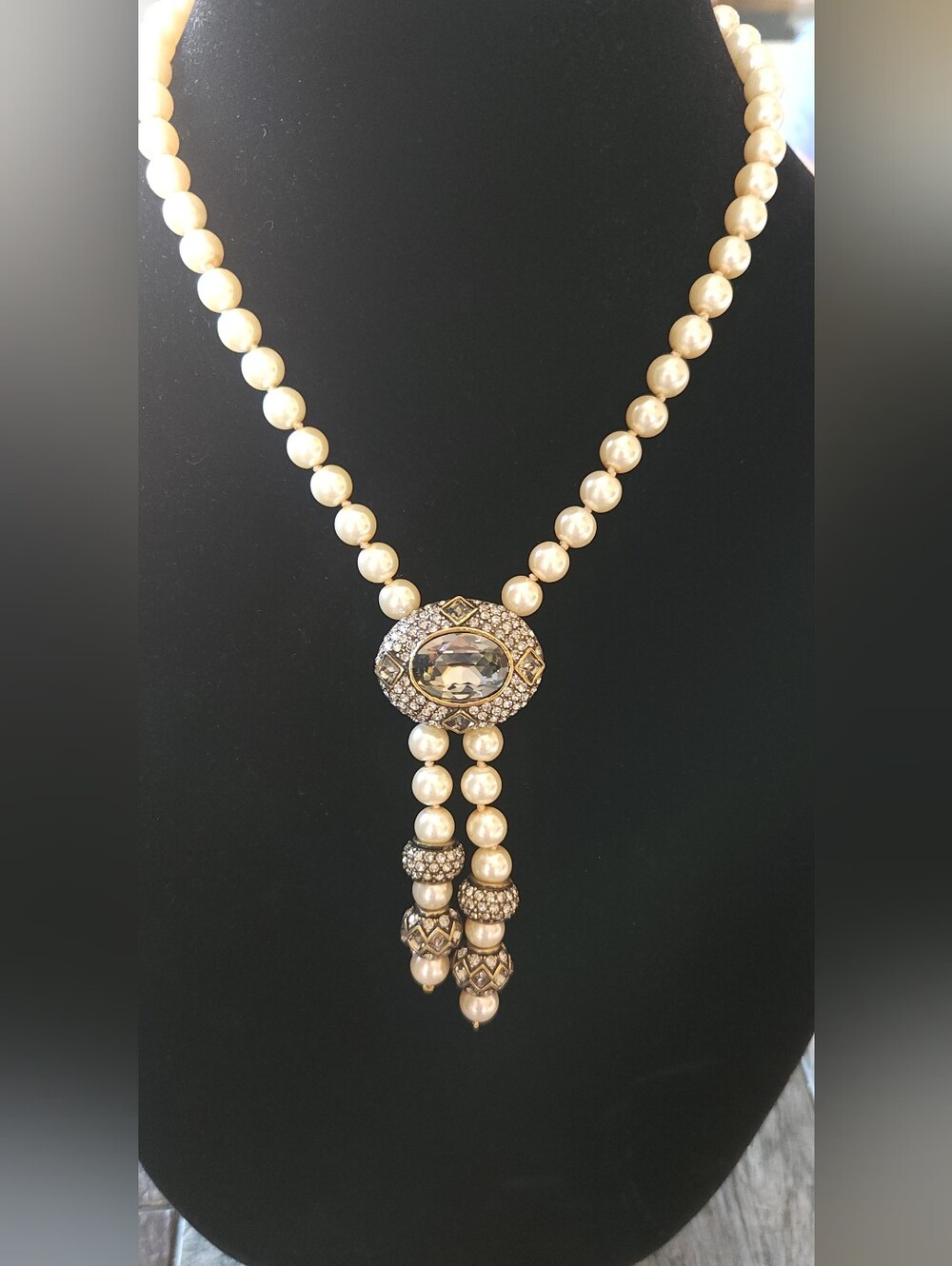Heidi Daus Champagne Faux Pearl Smoky Crystal Tassel Necklace